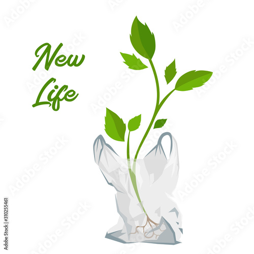 eco new life - Stem growing from the cellophane package. recycling plastic waste.say no to plastic concept. decomposing polyethylene. isolated vector illustration
