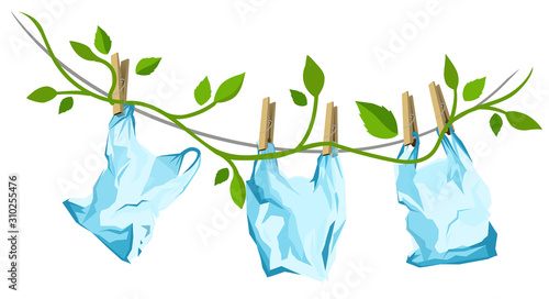 recycling plastic waste. decomposing polyethylene, cellophane. environmental pollution of the planet with plastic, non-degradable debris. cellophane bags are on a rope. vector illustration