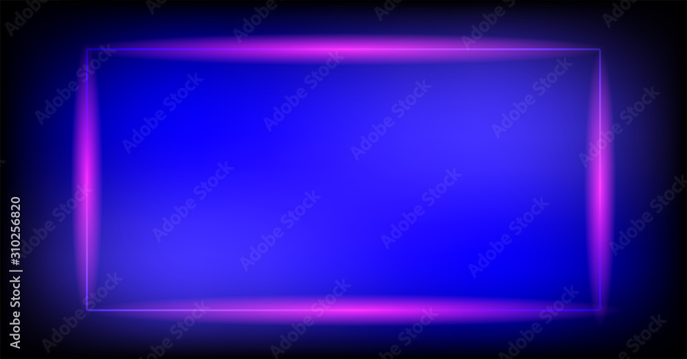 Neon sign.Rectangle glowing light banner with blank space. Electric rectangle frame on dark blue and pink background.Neon right-angled background with flares and sparkles. Vintage vector illustration Neon sign.Rectangle glowing light banner with blank space. Electric rectangle frame on dark blue and pink background.Neon right-angled background with flares and sparkles. Vintage vector illustration