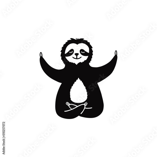 Cartoon sloth bear meditates in lotus position. Hand drawn cute doodle vector illustration.