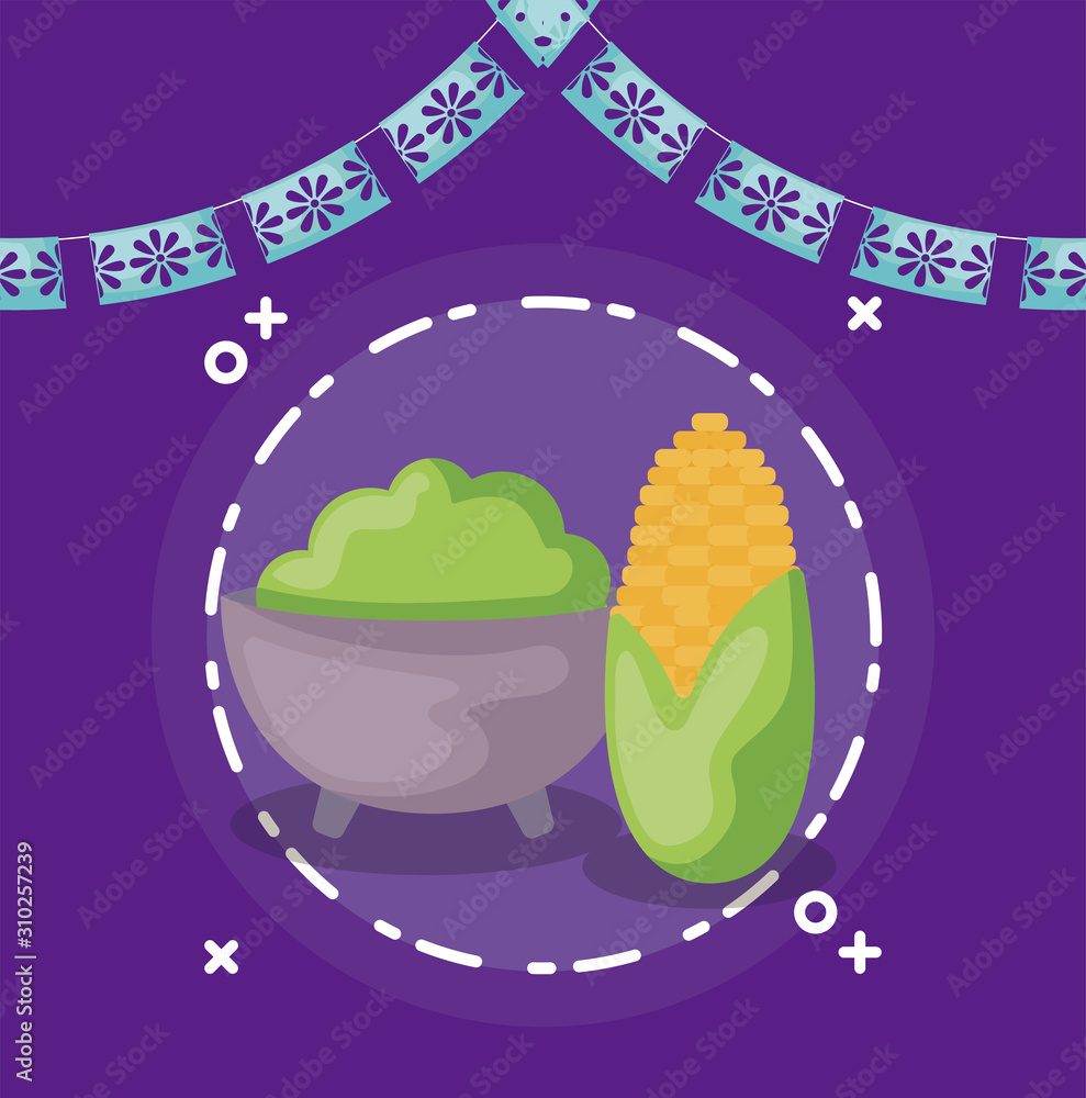 Fototapeta premium Mexican bowl and corn with banner pennant vector design