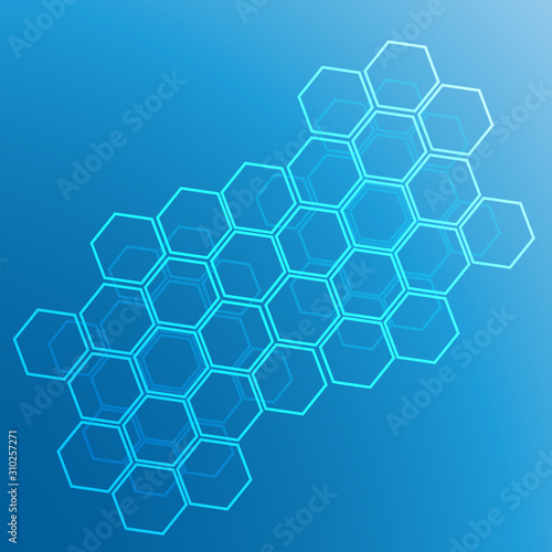 Hi-tech honeycomb concept on a blue gradient. Abstract hexagonal background.