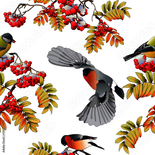 Seamless winter pattern. Can be used for wallpaper, pattern fills, web page background, surface textures. Birds and mountain ash. Vector illustration on a white background.