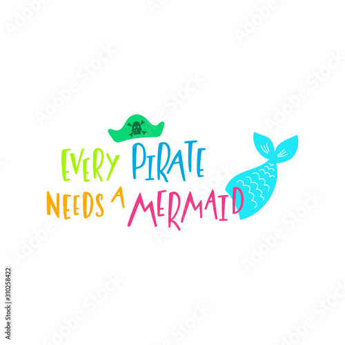 Mermaid cartoon vector illustration. Summer inspirational lettering phrase. 