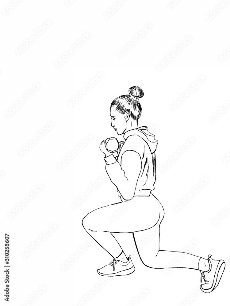 Woman doing exercises with dumbbells. Sport Sketch. Summer sport illustrations collection. Girl power. Active lifestyle concept. Feminism. A picture with free space for your text.