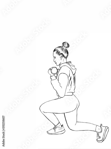 Woman doing exercises with dumbbells. Sport Sketch. Summer sport illustrations collection. Girl power. Active lifestyle concept. Feminism. A picture with free space for your text. © LaraKru