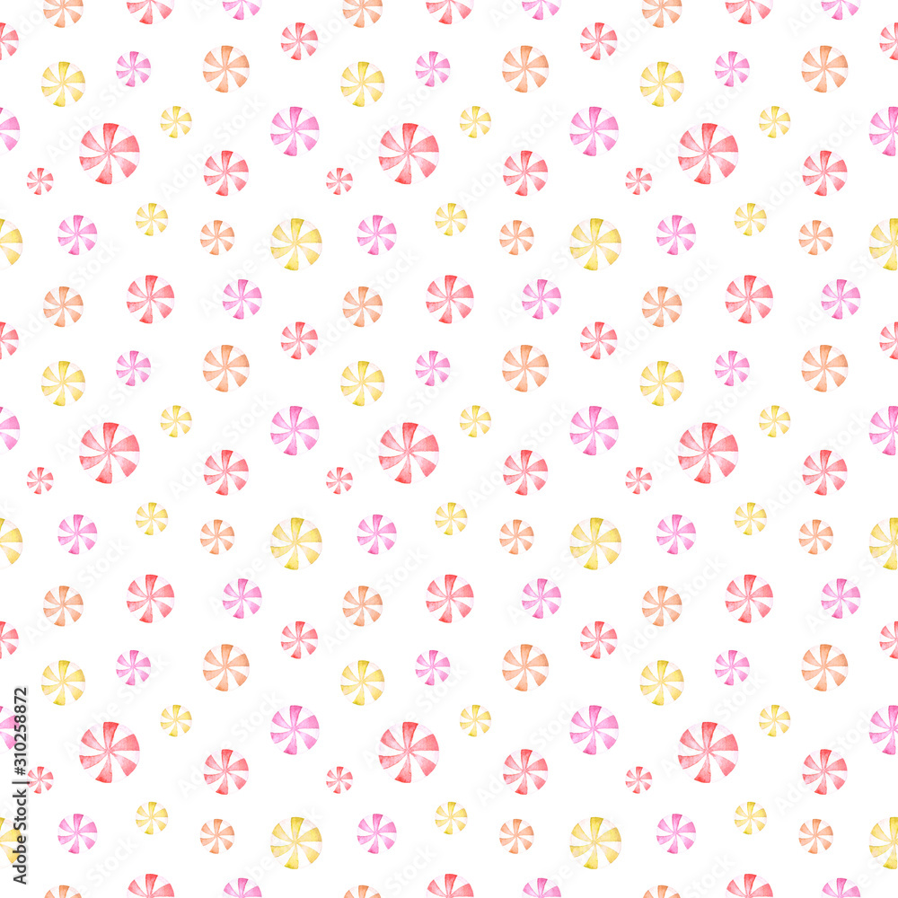 Polka dot seamless watercolor pattern. Striped sweet pink and yellow peppermint candies on white background for cute holiday design, textile, wrapping paper, greeting card, package, scrapbooking	