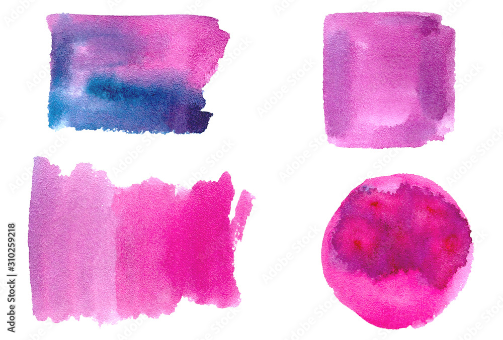 Set of watercolor brush stroke, stain, splatter and shapes: circle, square. Isolated real aquarelle stains for your design. watercolor texture hand drawing in pink and blue color