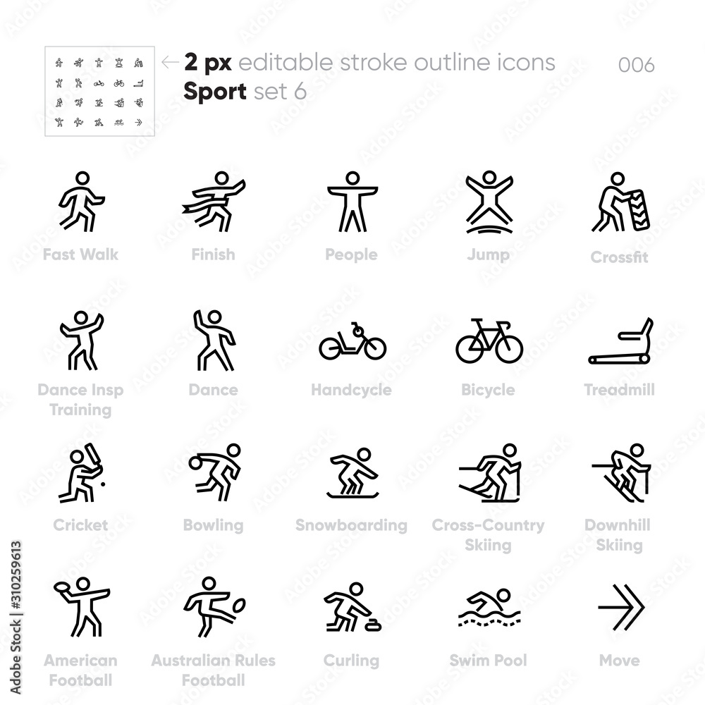 Fototapeta premium Sport outline vector icons. Crossfit, Handcycle, Bicycle, Bowling, Cross-Country Skiing, Swim Pool and others. Editable stroke.