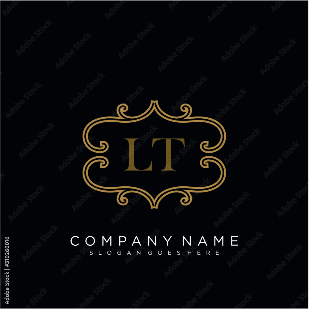 Initial letter LT logo luxury vector mark, gold color elegant classical
