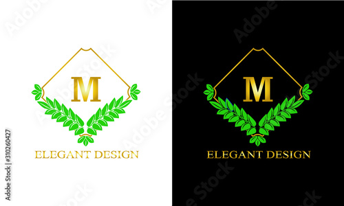 Design of magnificent ancient monogram. Decorative ornament on dark and light background with letter M. Gold and black pattern of brand, business sign, restaurant, boutique, hotel, emblem, jewelry.