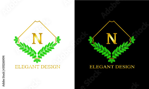 Design of magnificent ancient monogram. Decorative ornament on dark and light background with letter N. Gold and black pattern of brand, business sign, restaurant, boutique, hotel, emblem, jewelry.