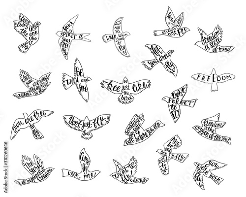 Set of bird's silhouettes with handwriting inspirational quotes