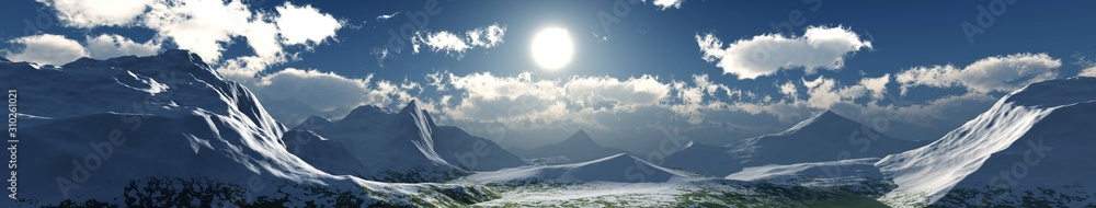 Naklejka Valley of snowy peaks at sunset, snowy landscape, 3D rendering. above the clouds