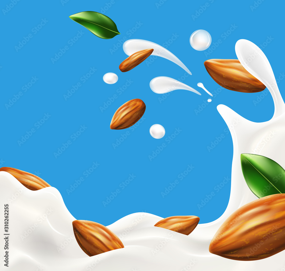 Naklejka premium Milk splash with almond beans vector illustration for ads, labels, and packaging design uses