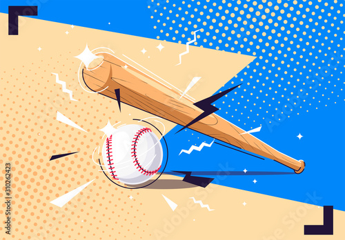 Vector illustration of baseball bat and baseball white ball, sports equipment for baseball game photo