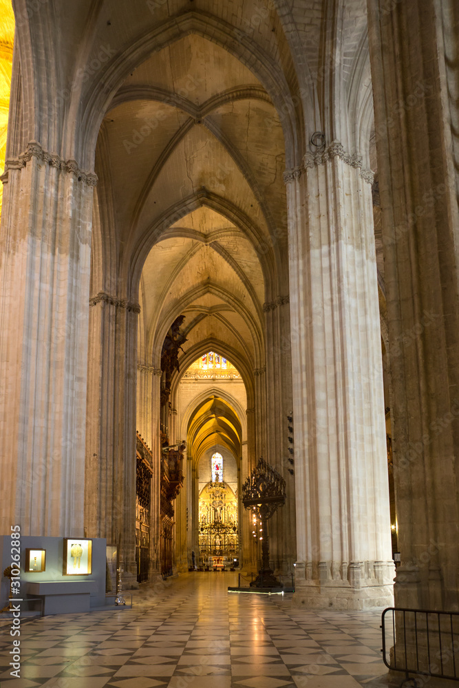 Interior of Seville cathedral. The cathedral is the biggest gothic and third christian church of the world.