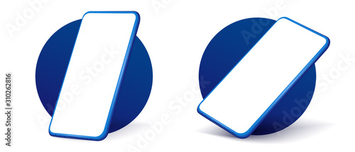 Smartphone frame less blank screen. Mockup generic device. Vector realistic trends blue color smartphone template. Telephone frame with blank display isolated.  Mockup generic device. 3D phones