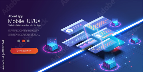 Custom design for a mobile application, Ui UX design. Phone with a disassembled interface. Gradient background and digital graph chart thin line. Vector illustrate. Landing page template for the site.