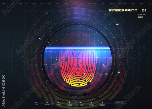 Scan fingerprint biometric identity and approval. Concept of the future of security and password control through fingerprints. Fingerprint Biometric Digital Scan Technology. Technology background.
