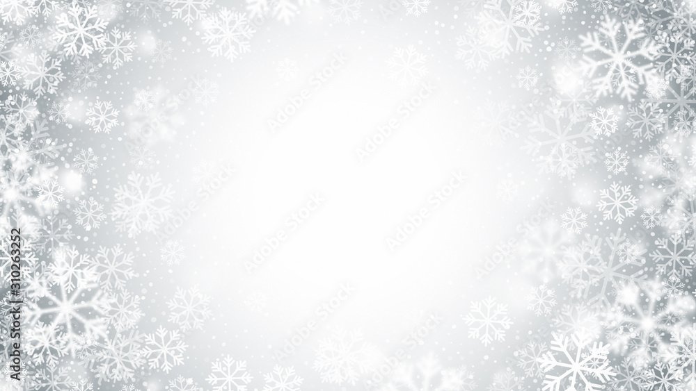 Vector Blurred Motion Swirling Snow Round Frame With Realistic White Snowflakes On Light Silver Background. Merry Christmas And Happy New Year Winter Season Holidays Abstract Illustration
