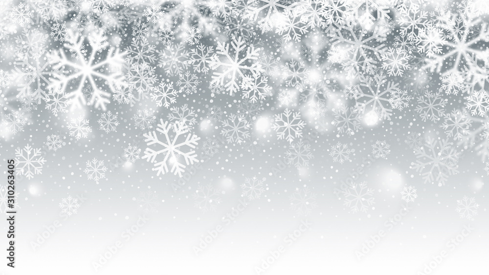 Blurred Motion Falling Snow 3D Effect With Realistic Vector White Snowflakes On Light Silver Background. Merry Christmas And Happy New Year Winter Season Holidays Abstract Illustration