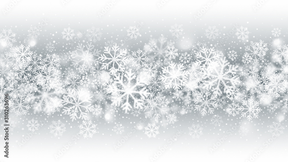 Vector Blurred Motion Falling Snow Blizzard Effect With Realistic White Snowflakes On Light Silver Background. Merry Christmas And Happy New Year Winter Season Holidays Abstract Illustration