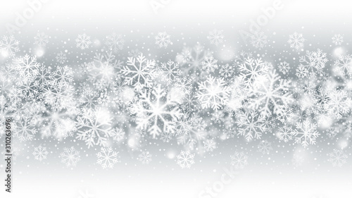 Vector Blurred Motion Falling Snow Blizzard Effect With Realistic White Snowflakes On Light Silver Background. Merry Christmas And Happy New Year Winter Season Holidays Abstract Illustration