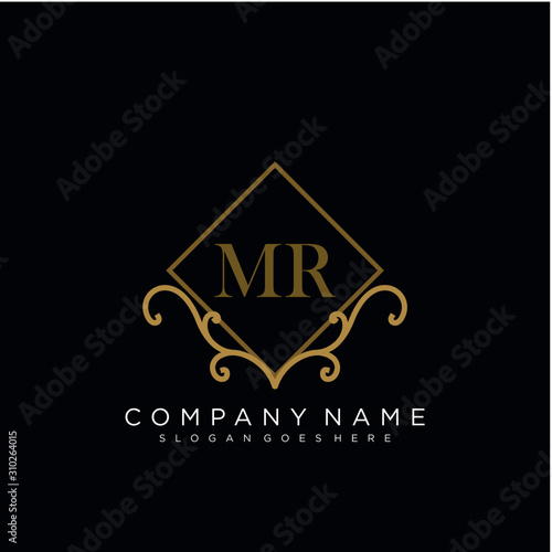 Initial letter MR logo luxury vector mark, gold color elegant classical