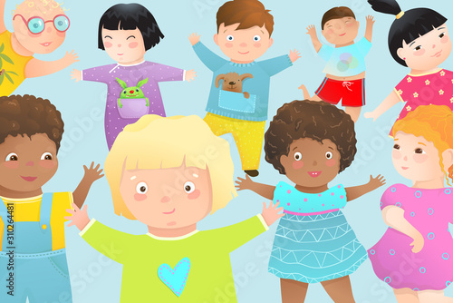 Kindergarten multicultural preschool classmate playful comic group of kids.