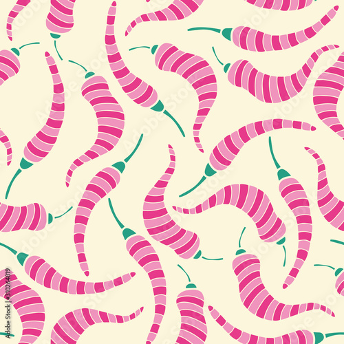 Vector food seamless pattern in pink and black. Simple doodle chili pepper hand drawn made into repeat. Great for background, wallpaper, wrapping paper, packaging, fashion.