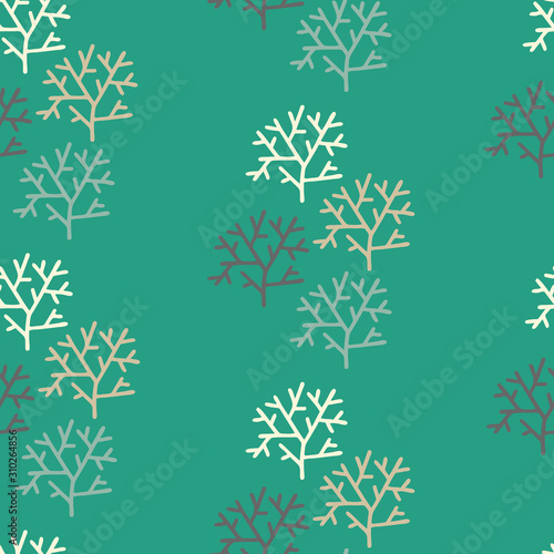 Vector nature geometric seamless pattern in green. Simple doodle bush and tree hand drawn made into repeat. Great for background, wallpaper, wrapping paper, packaging, fashion.