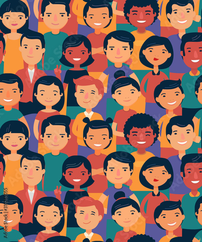 Crowd of people seamless background. Cartoon vector illustration