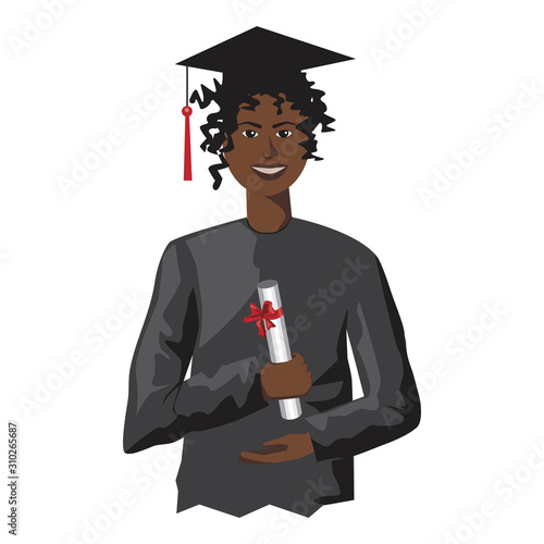 A black woman a master or student in a mantle with a diploma in hand isolated on a white background, a vector stock illustration as a concept of black history month and African American achievements