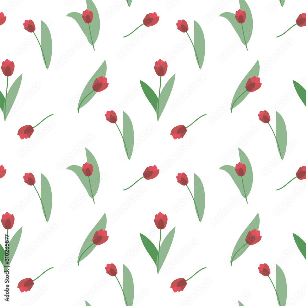 Seamless vector pattern of bright scarlet flowers of tulips with green leaves isolated white background. Seamless vector pattern of bright scarlet flowers of tulips with green leaves isolated white background.