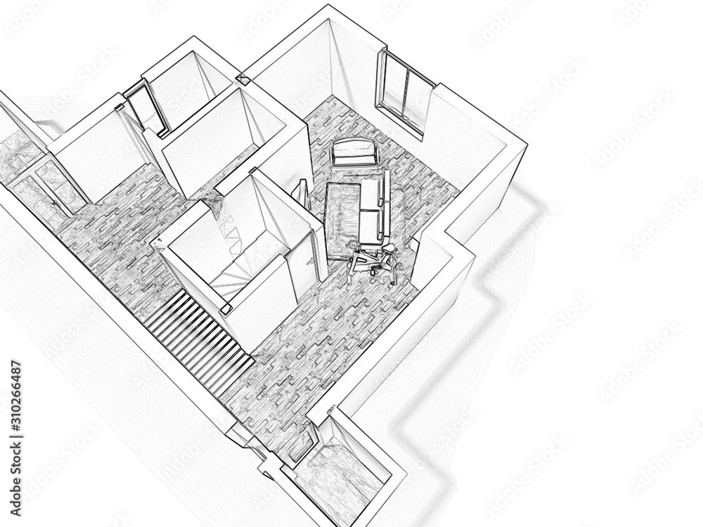 Concept sketch 3d floor plan illustration