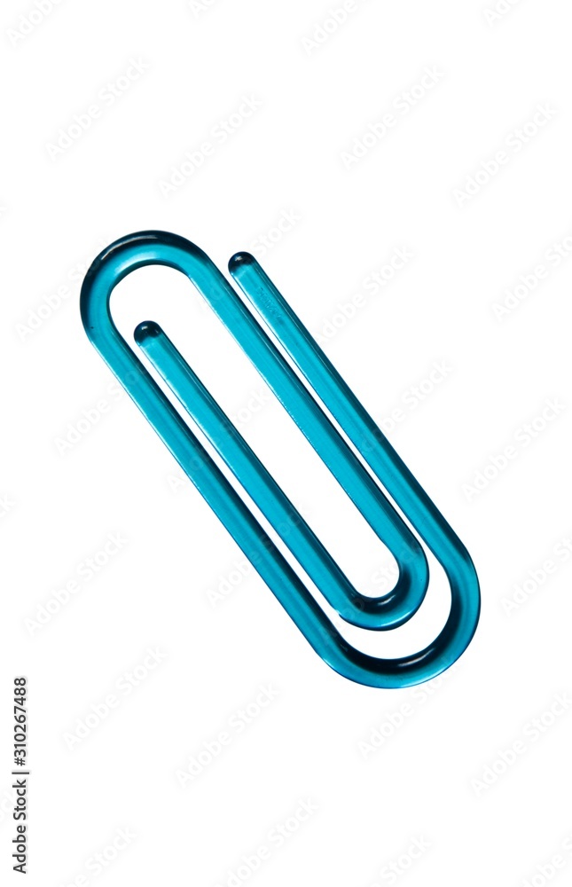 Obraz premium Blue paper clip against white background
