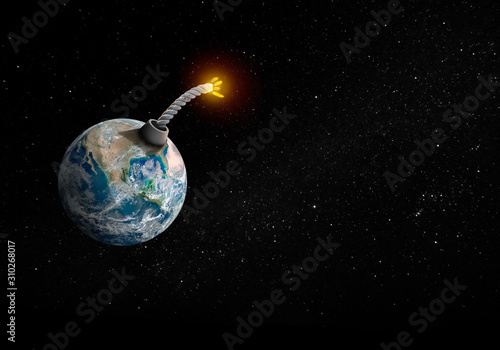 Space view of Earth changed into bomb with lit fuse, about to explode.
