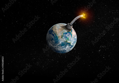 Fotografie Space view of Earth changed into bomb with lit fuse, about to explode