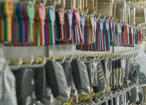 duplicates of keys of car and house in the wall of a locksmith's shop to be able to make the copies