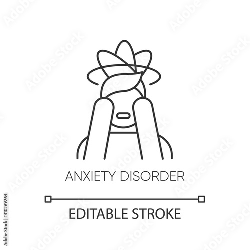 Anxiety disorder linear icon. Fear. Panic attack. Distress. Migraine. Mental problem. Stress and tension. Thin line illustration. Contour symbol. Vector isolated outline drawing. Editable stroke