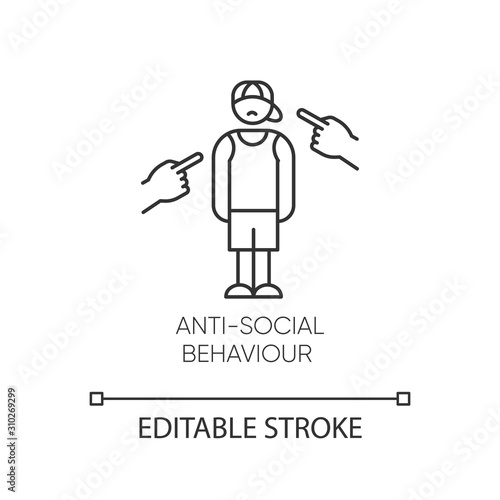 Anti-social behaviour linear icon. Harassment, bully. Teenager depression. Agressive public. Mental disorder. Thin line illustration. Contour symbol. Vector isolated outline drawing. Editable stroke