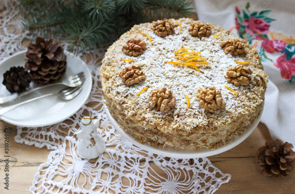 Walnut cake Julfa, a traditional Christmas dessert in Romania and Moldova. Rustic style.