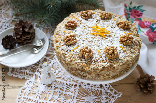 Obraz na płótnie Walnut cake Julfa, a traditional Christmas dessert in Romania and Moldova. Rustic style. w salonie