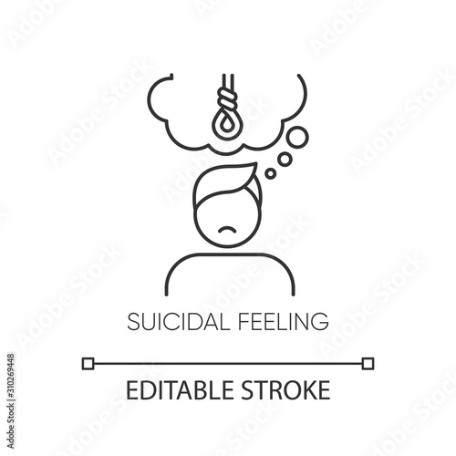 Suicidal feeling linear icon. Depressive thoughts. Hang attempt. Death attempt prevention. Mental health. Thin line illustration. Contour symbol. Vector isolated outline drawing. Editable stroke