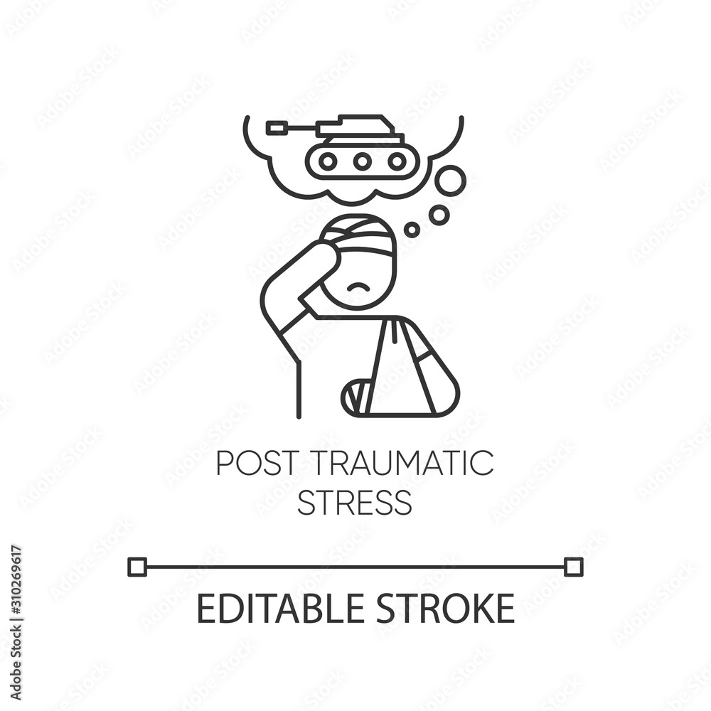 Post-traumatic stress linear icon. Veteran with anxiety. Depressed soldier. PTSD therapy. Mental disorder. Thin line illustration. Contour symbol. Vector isolated outline drawing. Editable stroke