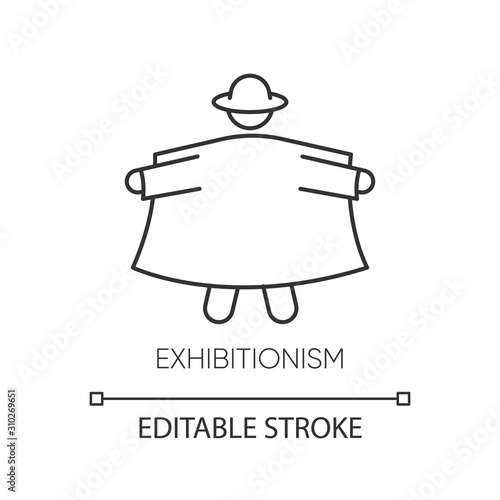 Exhibitionism linear icon. Pervert in open coat. Deviation and perversion. Paraphilia. Mental disorder. Thin line illustration. Contour symbol. Vector isolated outline drawing. Editable stroke