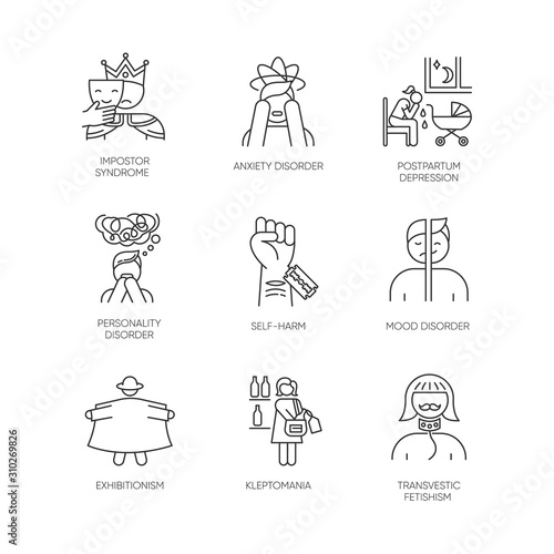 Mental disorder linear icons set. Impostor. Anxiety, depression. Self-harm. Exhibitionism. Kleptomania. Fetishism. Thin line contour symbols. Isolated vector outline illustrations. Editable stroke