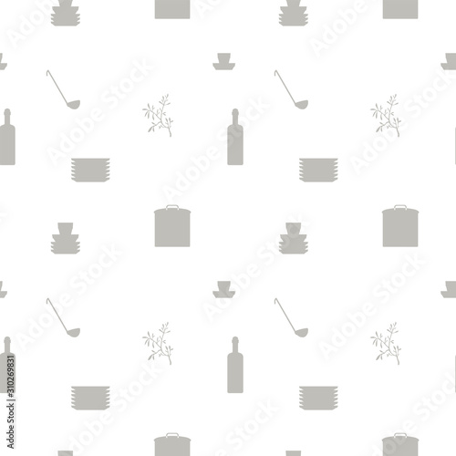 Seamless vector calm pattern with gray contours of kitchen utensils, dishes, plates, pots, sprigs of seasonings isolated on white background.