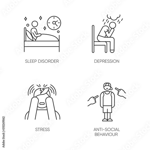 Mental disorder linear icons set. Sleep deprivation. Depression and anxiety. Stress. Anti-social behaviour. Migraine. Thin line contour symbols. Isolated vector outline illustrations. Editable stroke